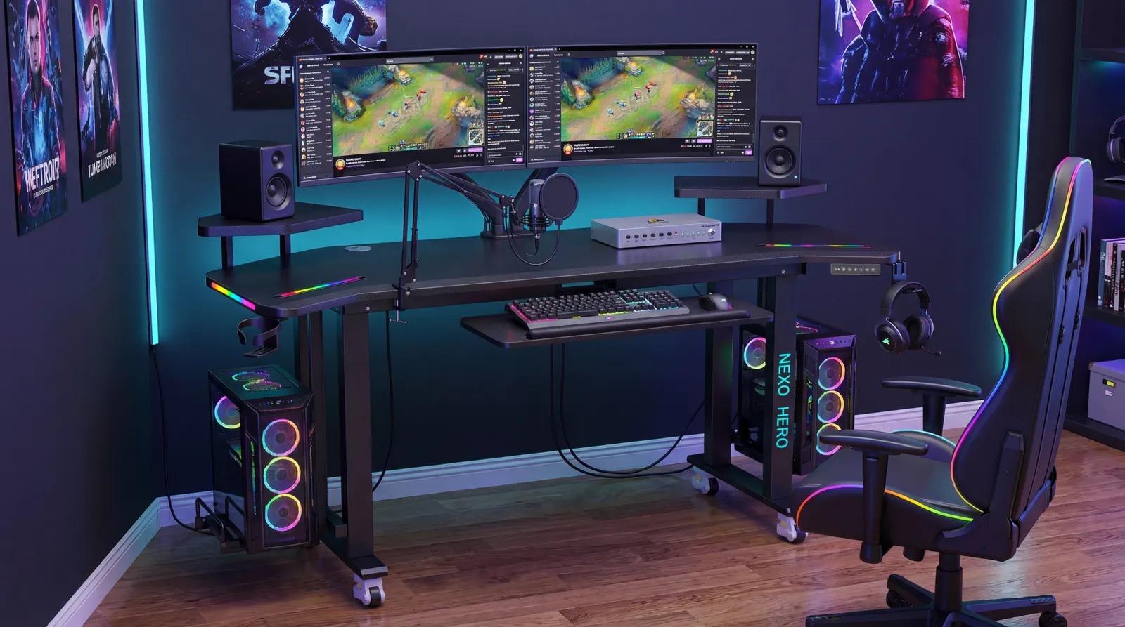 NEXOHERO Desk Pro 4-leg electric gaming desk front view with dual monitors and RGB lighting