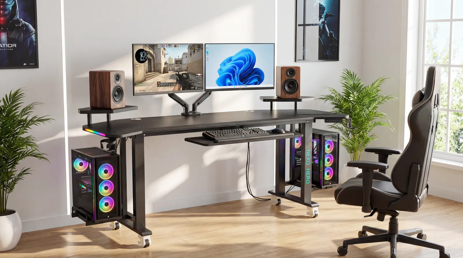 NEXOHERO Desk Pro electric gaming desk angled view showing dual motors and carbon fiber surface